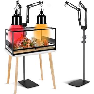 Dual Reptile Heat Lamp Stand, Adjustable Reptile Light Stand (15.7-74.3inch) with 360 Swing Arm and Anti-tip Clip, Lamp Holder for Terrarium, Amphibians Cage and Plants