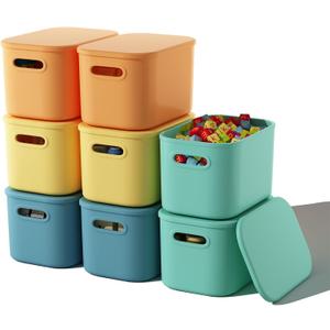 ORGIDOL 8 Pack Colorful Storage Bins with Lids Stackable Storage Container for Organizing, Storage Boxes with Handle for Shelves, Cute Storage Bin for Craft, Snacks, 9.85x6.9x5.7 inch