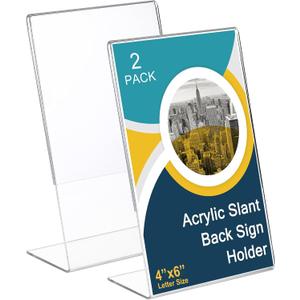 Sanwuta 2 Pcs 4 x 6 Inch Acrylic Sign Holder, Slant Sign Display Stand, Transparent Flyer Holder Frame Plastic Document Display for Workers Teachers Office Home Menu Desktop