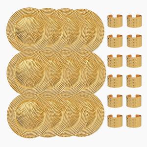 13 Inch Round Elegant Serve ware Charger Plates with Matching Napkin Rings, Wedding, Dinner party, Event - Choose from our Variety of Styles and Quantities (12, Hammered Gold)