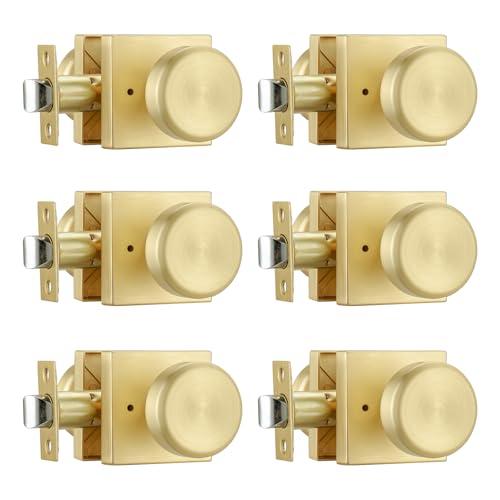STARPY 6 Pack Brushed Gold Door Knob with Square Rosette, Heavy Duty Door Knob with Lock, Interior Door Handles for Bath & Bed, Heavy Duty Door Knob with Lock