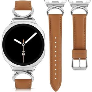 Leather Bands Compatible with Samsung Galaxy Watch 8 Band 40mm 44mm/Watch 8 Classic 46mm, Slim Leather Strap Wristband Accessories with C-Shape Metal Buckle for Women
