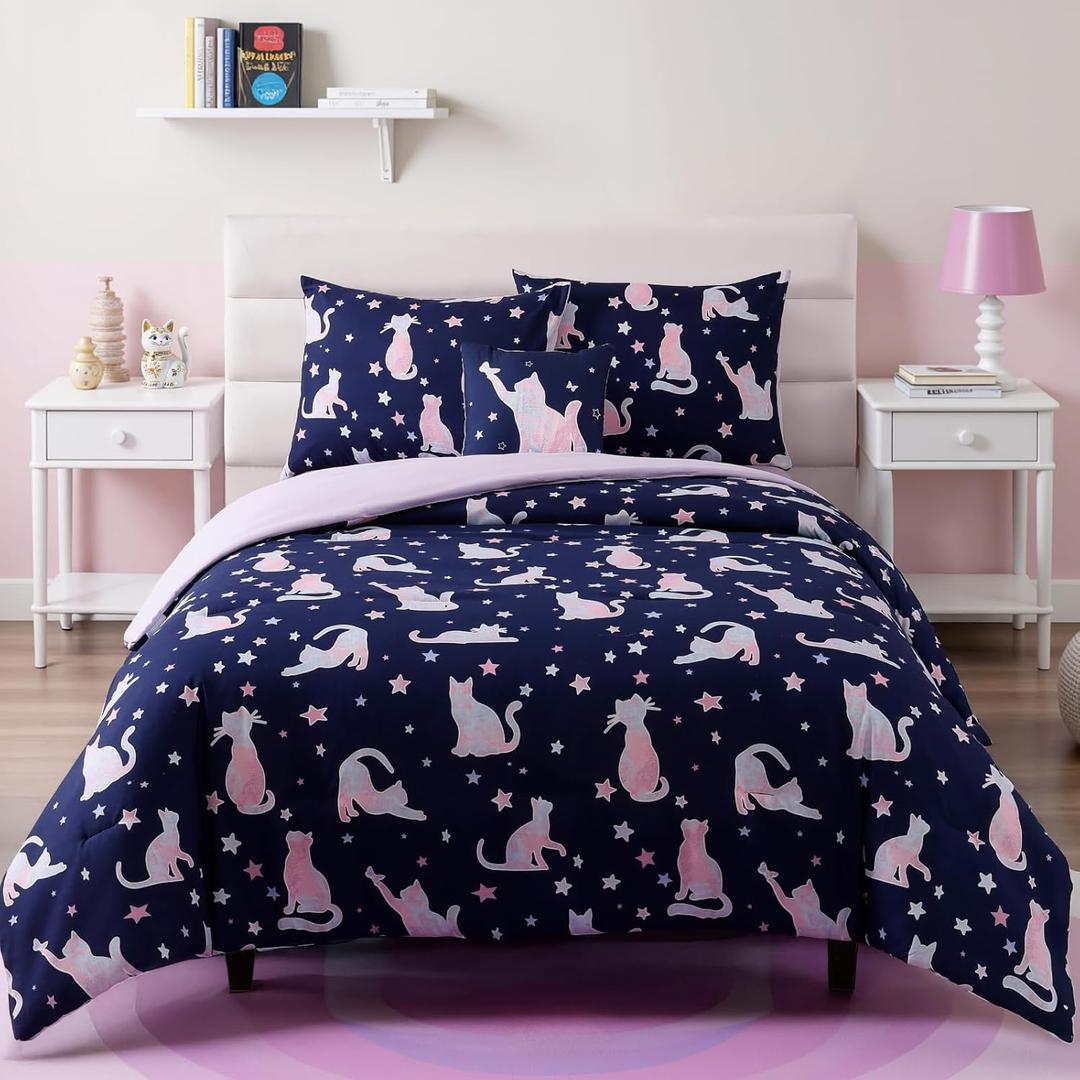 Full Size Comforter Set for Girls-4 Pieces Cat Patterns Full Bedding Set with 1 Comforter, 1 Decor Pillow &2 Pillow Shams