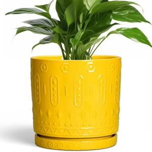 Eightpot 8 Inch Plant Pot, Ceramic Pots for Plants with Drainage Hole and Sacuer, Round Flower Pots for Indoor Outdoor Plants, Modern Decorative Planter, Table Decor, Plant Gifts for Women, Yellow