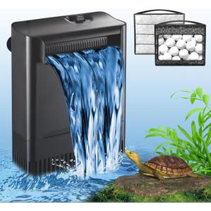 TARARIUM Turtle Tank Filter Aquarium Filter Power Adjustable 20-75 Gal. 290GPH Large Internal Filter 3-Stage Waterfall Bio-Filtration Low Water Level for Freshwater Saltwater Fish Tank Reptile Shrimp Frog