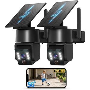 2PCK Wireless Outdoor Security Camera - 5G & 2.4G Wi-Fi Outdoor Camera, 2K Pan/Tilt 360 View, Solar/Battery Powered, PIR Human Detection, Color Night Vision,IP65/ Easy to Install