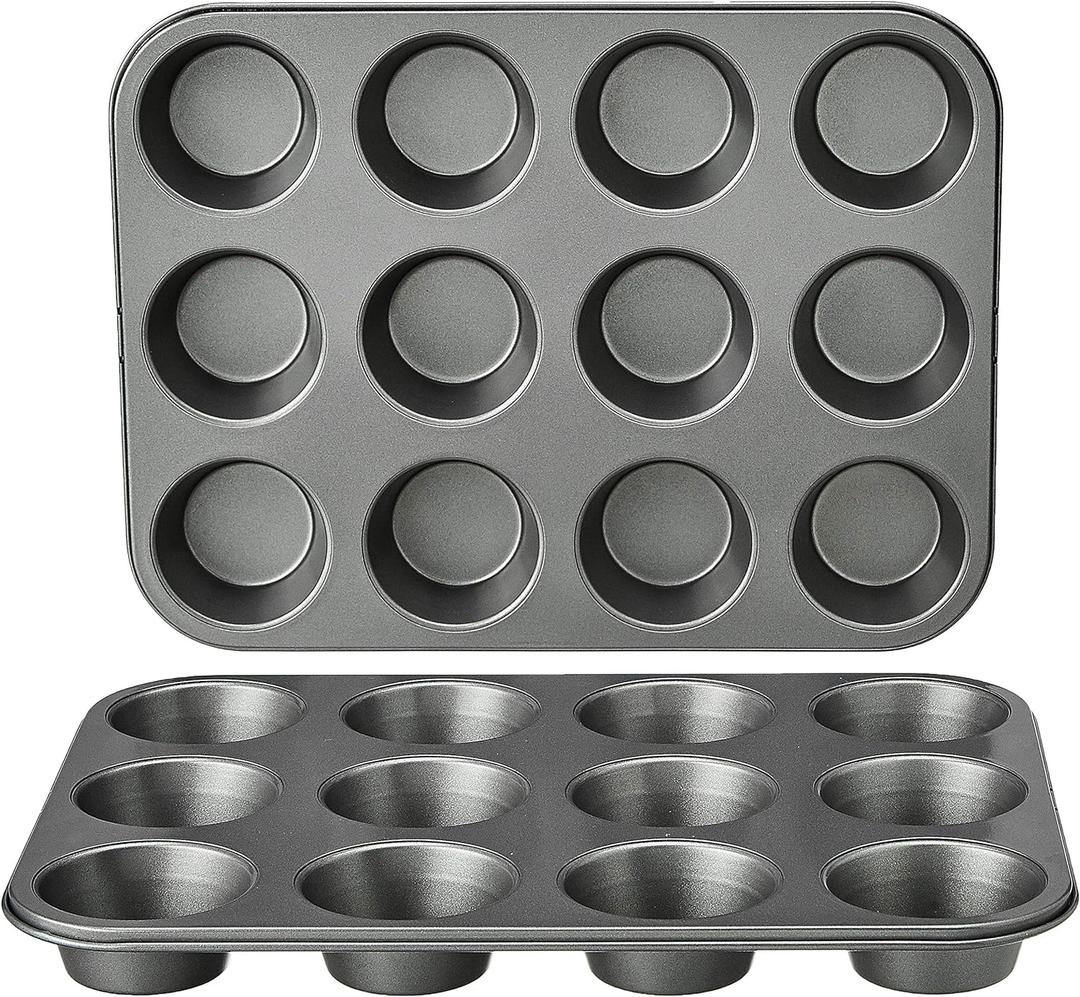 Amazon Basics Nonstick Round Muffin Baking Pan, 12 Cups, Set of 2, Gray, 13.9x10.55x1.22"