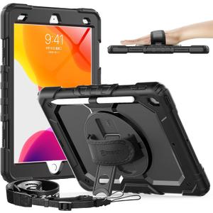 Timecity Case for iPad 9th/ 8th/ 7th Generation 10.2 inch - Heavy Duty Protective Cover with Screen Protector, Rotating Stand, Shoulder Strap & Pencil Holder | Kids-Friendly (Black) (Black+ Black)