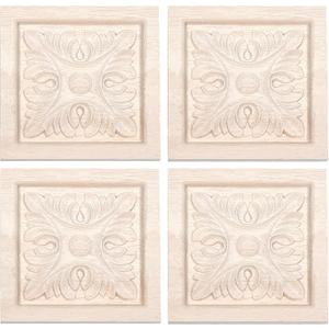 8 Pcs Decorative Wood Flower Carved Appliques Onlays, 3.1 x 3.1inch Unpainted Solid Wood Square Carving Decal for Furniture Cabinet Closet Decoration (Type2-3.1inch-8pcs)