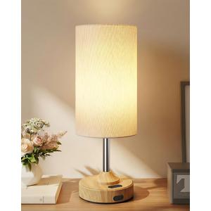 EZVALO Cordless Table Lamp, Ambient Light, Dimmable, Touch, Timer, 2700K, Bedroom, Portable, LED, Wireless, Rechargeable, Battery Operated, Desk Lamp, Fabric Shade, Wood-Grain Finish, Living Room
