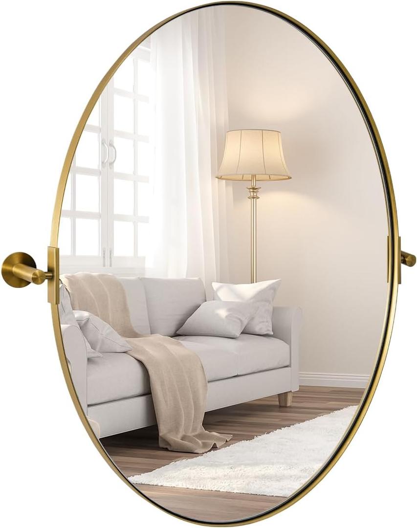 ANDY STAR Gold Bathroom Mirror, 20" x 30" Tilting Vanity Oval Mirror for Wall, Brushed Gold Stainless Steel Metal Frame Pivot Mirror Hangs Vertically Wall-Mounted