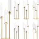 Layhit 6 Set Wedding Gold Candelabra Centerpieces for Tables, 3 Arm Tall Acrylic Candle Holder Centerpiece with Clear Shades for Reception, Party, Dining Decor, Anniversary, Fits 0.87" LED Candles