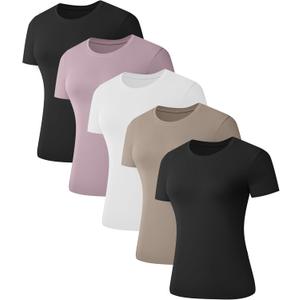 1/5 Pack Women's Short Sleeve Basic T Shirts Tees, Slim Fit Crew Neck Tshirt Summer Tops for Casual Workout Trendy (Large, 2 Black 1 White 1 Pink 1 Khaki)