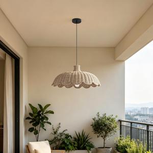 MIXL-Rattan Woven Pendant Light,Scalloped Shade Small Hanging Light,Rustic Kitchen Island Lighting,Boho Style Pendant Lamp for Living Room Bedroom, 18.11 inches