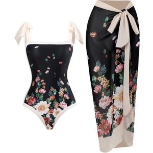IDOPIP Women's One Piece Swimsuit with Beach Cover up Wrap Skirt Sarong Retro Floral Print Bikini Set Two Piece Bathing Suit (X-Large)