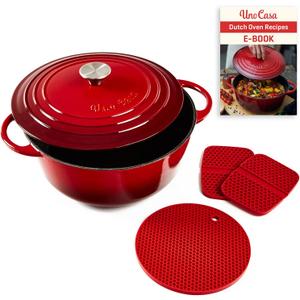 Uno Casa Enameled Cast Iron Dutch Oven - Red - 6Qt Dutch Oven Pot with Lid, Long-Lasting Enamel Casserole Dish for Bread Baking, Stews, and Roasting - Durable Non-Stick Iron Cookware for Versatile Cooking