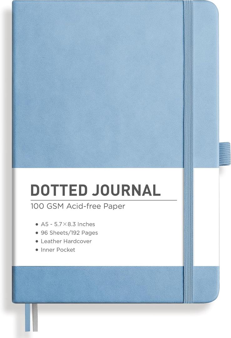 RETTACY Dotted Journal Notebook, 192 Pages, A5 Medium Size (5.7'' x 8.3''), Leather Hardcover, 100 GSM Thick Paper, for Bullet Journaling, Planning, Tracking (Light Blue)