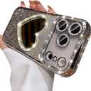 Glitter Mirror Case for iPhone 17 Pro Max,Cute Luxury Diamond Heart Makeup Mirror Bling Sparkly Rhinestones with Camera Protector TPU Bumper Women Girls Case for iPhone 17 Pro Max 6.9",Silver