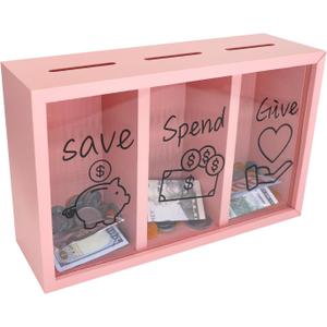 Wooden Give Save Spend Money Saving Box for Kids, Money Coin Savings Piggy Bank Jar Box for Kid Safe Money Saver, Teach Children About Giving Saving Giving Money Piggy Box for Boys Girls, Pink