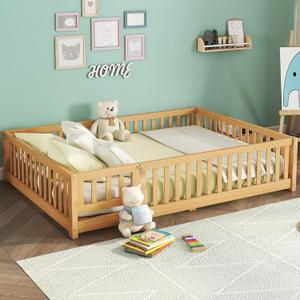 Full Size Floor Bed Frame with Slats and Center Support, Wood Full Size Montessori Floor Bed with Door and Safety Guardrail, Easy Assemble Montessori Beds for Kids, Girls, Boys, Natural