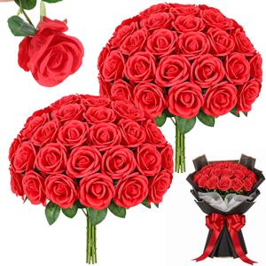 72 Pcs Red Roses Artificial Flowers Bulk, Realistic Long Stem Fake Silk Roses Bouquet Fake Red Rose for Valentine's Day Mother's Day Wedding Centerpieces Bridal Bouquet Party Home Decor