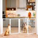 Vantas Folding No-Assembly Metal Pet Gate 80" Wide, 32" Extra Tall Dog Gate with Door Walk Through, Freestanding Accordion Puppy Gate Dog Door for Indoor & Outdoor, with 2PCS Support - White