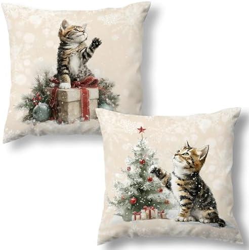 MNASAIOO Christmas Tree Cat Tabby Decorative Throw Pillow Covers Set of 2, Cute Pillows Covers for Cat Lovers Owners, Rustic Beige Winter Snowflake Pillow Cases Decor for Couch Bedroom Holiday 18x18in