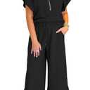 KevaMolly Womens Lounge Sets Black Textured Ruffled Sleeve Zipped Top and Wide Leg Pants Set Casual Daily Two Piece Sets M (M)