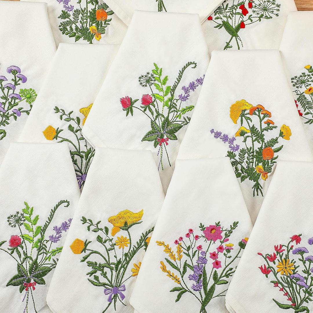 Tioncy 12 Pcs Floral Embroidery Napkins 18" Embroidery Flower Linen Cotton Napkin Bulk for Wedding Tea Cocktail Spring Flower Birthday Party Table Centerpiece Mexican Kitchen Curtain Decor (Linen)