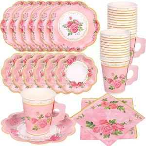 Floral Paper Tea Cups and Saucers 9 Oz Teacups with Handle 9 Inch and 7 Inch Paper Plates Saucers Napkins Disposable Tea Party Supplies Serve 24 for Wedding Baby Shower Party, Pink