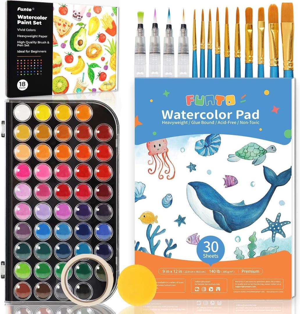 Funto Watercolor Set, 48 Color Paint Set, 10 Brushes, 30 Page Pad(9"x12"), 4 Refillable Pens & More, Painting Kit for Kids, Adults, Beginners