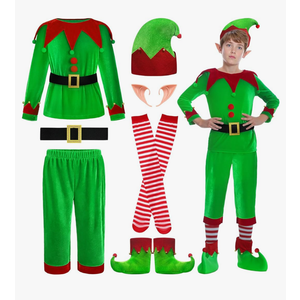 Christmas Elf Costume for Boys - 6PCS Santa's Helper Costume - Velvet Elf Outfit Set for Kids Christmas Party, Sma