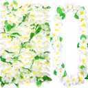 Hoteam 24 Counts Yellow White Hawaiian Leis Necklace Tropical Flower Lei Floral Luau Party Decorations Hawaiian Flower Luau Necklaces Hula Dance Garland Headbands for Beach Birthday Wedding Party