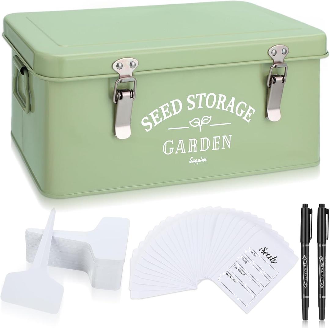Maitys Seed Storage Container Box with Lid Garden Seed Packet Storage Organizer Decorative with Dividers and 100 Plant Labels 50 Seeding Envelopes 2 Marker Pens (Groovy,12.8 x 6.8 x 5.4)