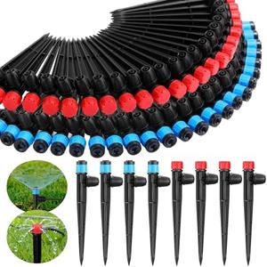 Glooglitter 100 Pcs Drip Irrigation Emitters for 1/4" Tubing 50 Micro Irrigation Emitters Sprayer 50 Adjustable 360 Degree Water Flow Drippers for Garden Irrigation System(Red, Blue, Latch)