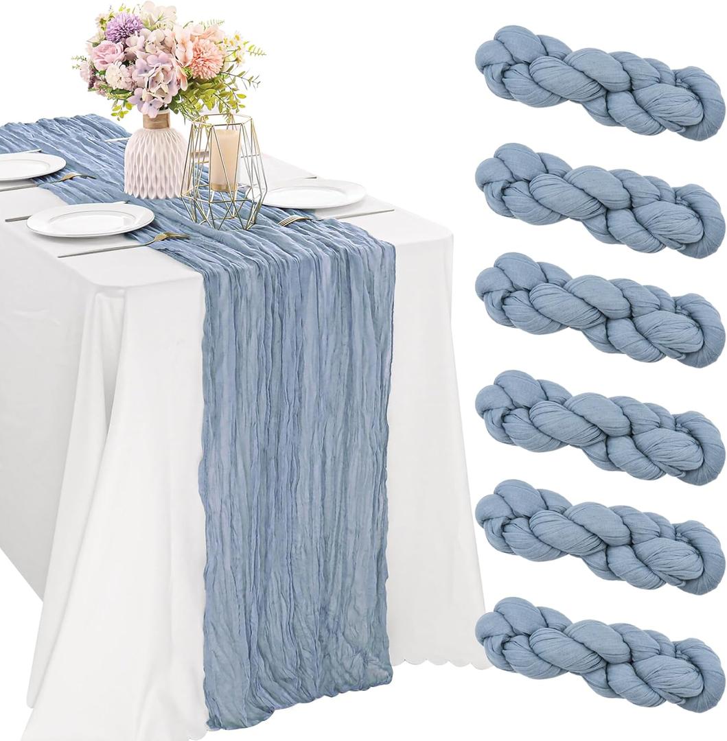 6 Pieces Dusty Blue 10FT Cheesecloth Table Runner Boho Gauze Fabric Table Runner Rustic Sheer Runner for Wedding Birthday Baby Shower Party Boho Table DecorationDusty Blue (35" x 120"-6 Pack)