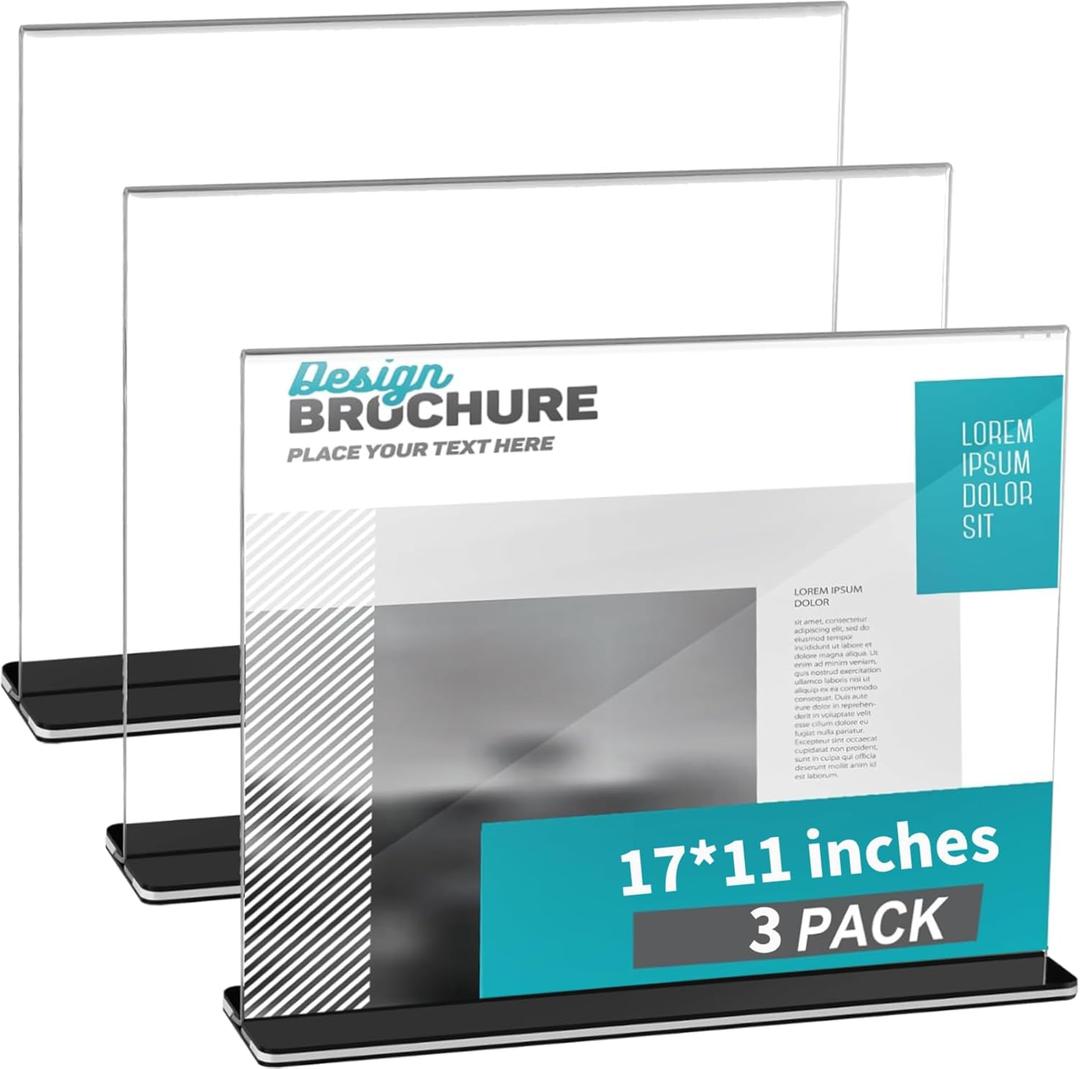 3 Pack Acrylic Sign Holder Horizontal 11 x 17 Inches, Clear Table Photo Menu Display Stand T Shaped Sign Holder Double Sided Picture Flyer Sign Holder for Office Restaurant Store (3)