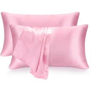 2 Pack Satin Pillow Cases, Similar to Silk Pillowcases Standard Set of 2, Health, Smooth, Beauty Sleep, Soft Breathable Cooling Satin Pillow Covers for Women Menn (Pink)