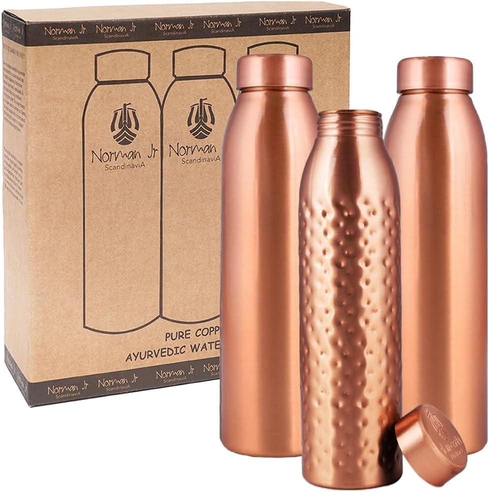 NORMAN JR, Copper Water Bottle 1L - Gift Box of 3, Plain 2, Hammered 1, an Ayurvedic Vessel Made of Pure Copper - Helps You Drink More Water With Many Health Benefits