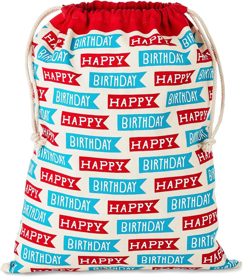 Hallmark 19" Large Birthday Drawstring Gift Bag (Red and Blue "Happy Birthday" Flags) for Kids, Grandchildren, Adults, Coworkers, Friends