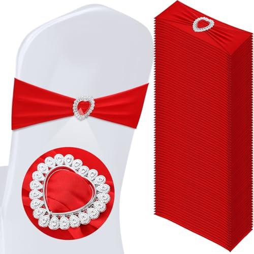VitalCozy 50 Pcs Spandex Chair Sashes with Heart Shaped Buckle Slider Stretch Chair Cover Band Universal Elastic Chair Ties for Wedding Banquet Event Party Decoration(Red)