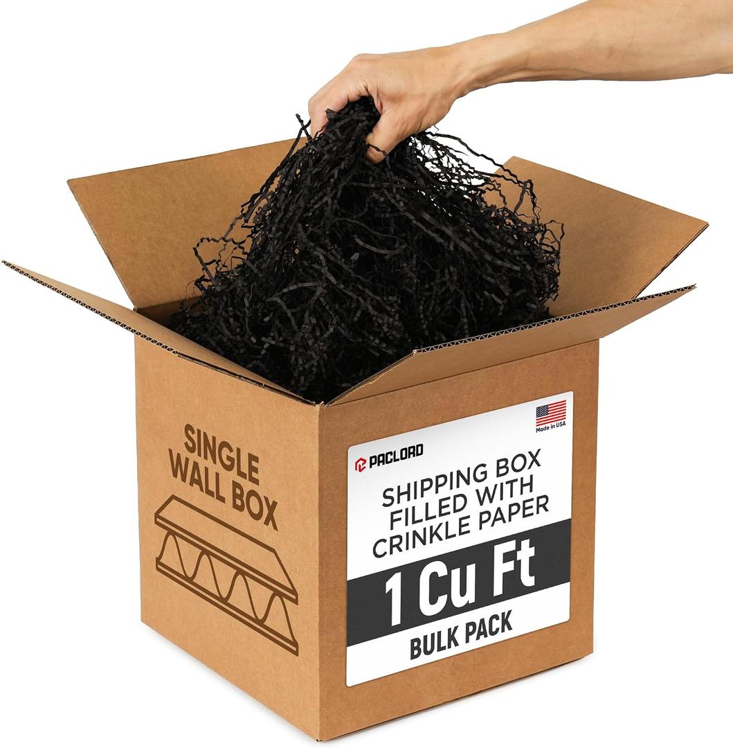 1 Cu Ft Ready To Ship Carton with Black Crinkle Paper Filler 12x12x12" | Single Wall (SD) Shipping Box with Shredded Paper for Gift Baskets, Decorative Box Filler, Confetti Gift Stuffing