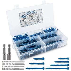 200Pcs Concrete Screws with Drill Bit and Driver bit, 3/16" 1/4" Hex Head Concrete Cement Screws Assortment Kit for Anchoring to Masonry, Block or Brick Stucco, Length 1-1/4" to 2-3/4"