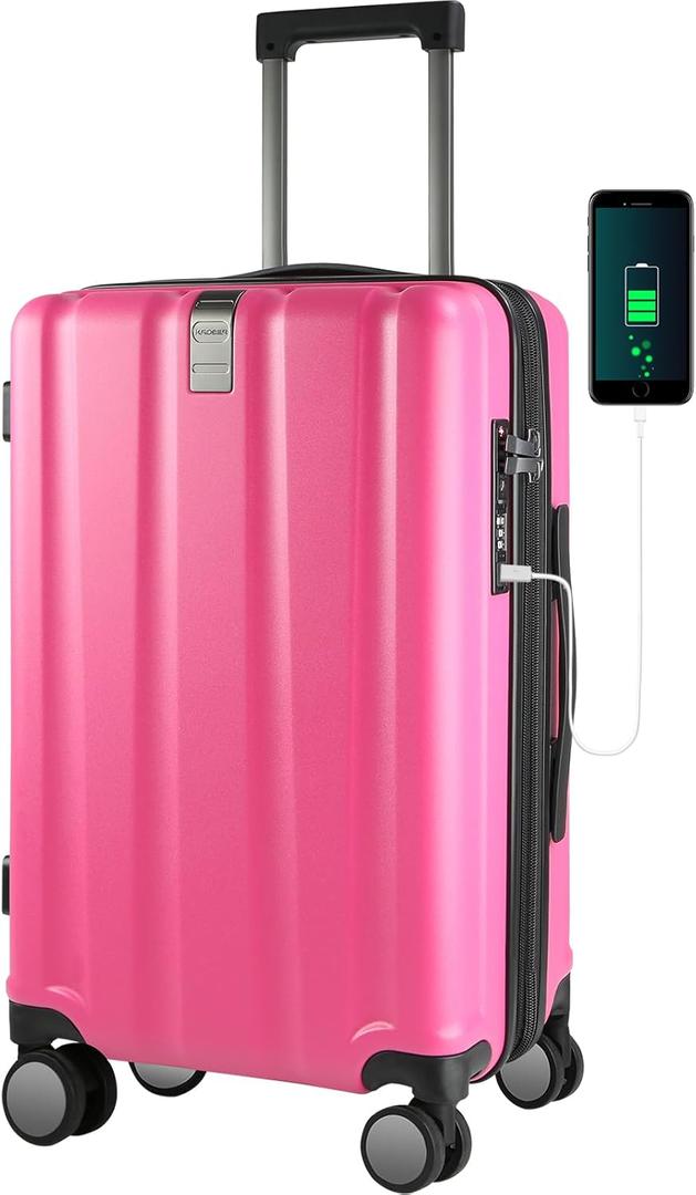 KROSER Carry On Luggage with Spinner Wheels & Built-in TSA Lock, Durable Suitcase Rolling Luggage, Magenta, 20 inch