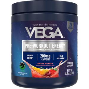 Vega Pre-Workout - 200mg Caffeine, Energy & Focus, Fruit Punch, 25 Servings, 1.6g Beta Alanine, 6g Citrulline Malate, Energy & Focus Drink Mix, Vegan, Gluten-Free, Dairy Free, No Sugar Added, 8.4oz (BB: December 20, 2026)