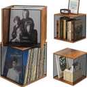 2 Cubes of Record Holder Shelf Storage Furniture - DIY Stackable 80-110 Vinyl Album Visualize Storage Box Cube - Natural Wooden Organizer Crate Cabinet
