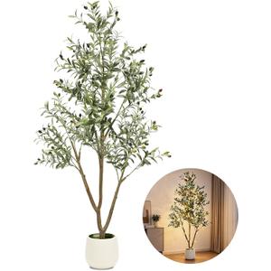 TNELTUEB 6FT Artificial Olive Tree Indoor with Lights & Planter, Realistic Faux Olive Trees with Lifelike Fruits for Living Room Decor, Tall Fake Silk Plants for Modern Home Office