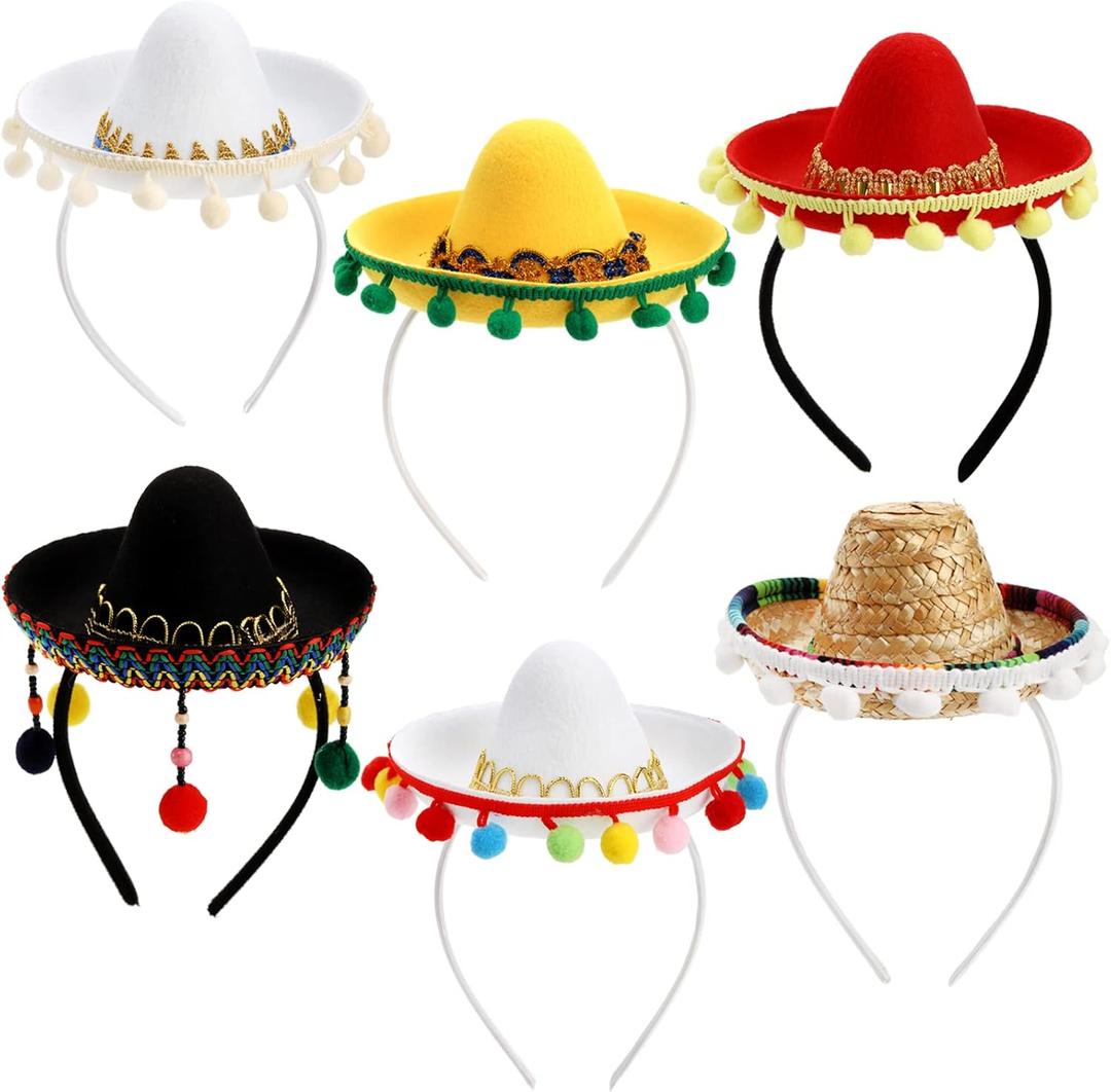 TOPZEA 6 Pack Cinco De Mayo Sombrero Hat, Fabric and Straw Mini Mexican Hats Headband, Birthday Party Decorations Small Festival Hat, Carnival Costume Outfit Fun Photo Props for Kids Dolls Pets