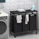 LINZINAR 3 Bag Laundry Basket Sorter Heavy Duty Rolling Lockable Wheels Laundry Hamper Cart with Ironing Board and Removable Bags, Black