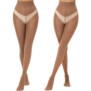 2 Pairs Shiny Pantyhose for Women High Waist Silk Oil Shimmer Sheer Tights (Small-Medium, Brown)